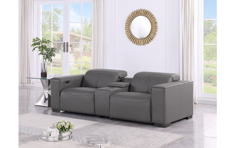1208 Dark Grey Power Reclining Console Loveseat with Power Headrests in Genuine Leather