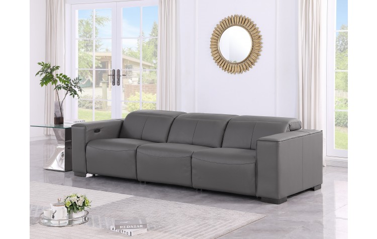 1208 Dark Grey Genuine Leather Power Reclining Sofa with Dual Recliners and Power Headrests