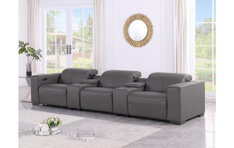 1208 Dark Grey 5-Piece Genuine Leather Power Reclining Sofa – 3 Recliners and Power Headrests
