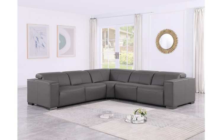 1208 Dark Grey Genuine Leather 5-Piece Sectional with 3 Power Reclining Seats & Power Headrest