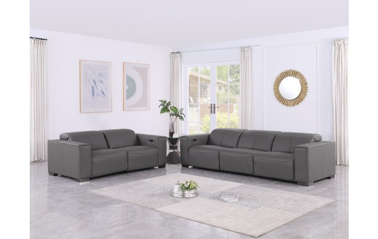 1208 Dark Grey Modular Power Reclining Sofa and Loveseat Set – Genuine Leather with Power Headrests