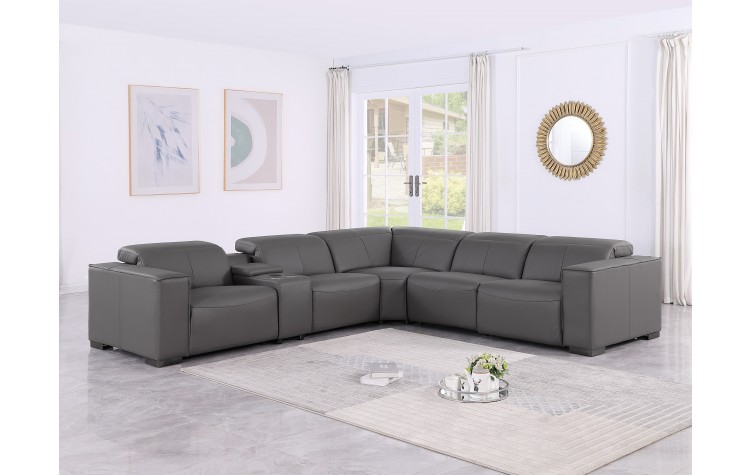 1208 Dark Grey Genuine Leather 6-Piece Sectional with 3 Power Reclining Seats & Power Headrest