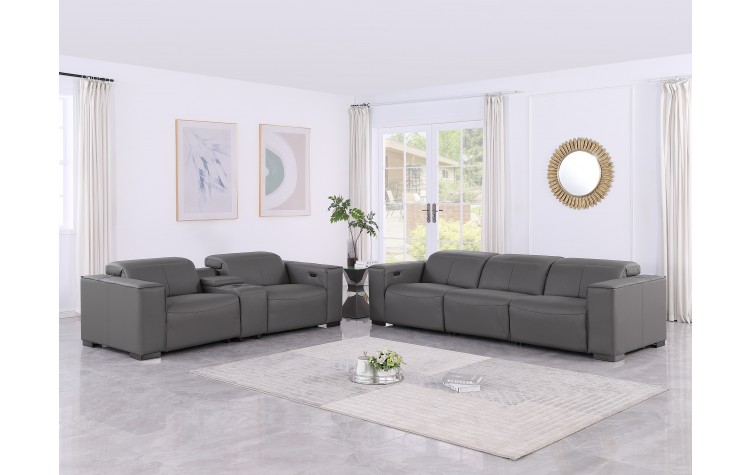 1208 Dark Grey Modular Power Reclining Sofa and Console Loveseat Set in Genuine Leather with Power Headrests