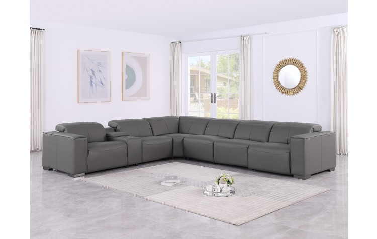 1208 Dark Grey Genuine Leather 7-Piece Sectional with 4 Power Reclining Seats & Power Headrest