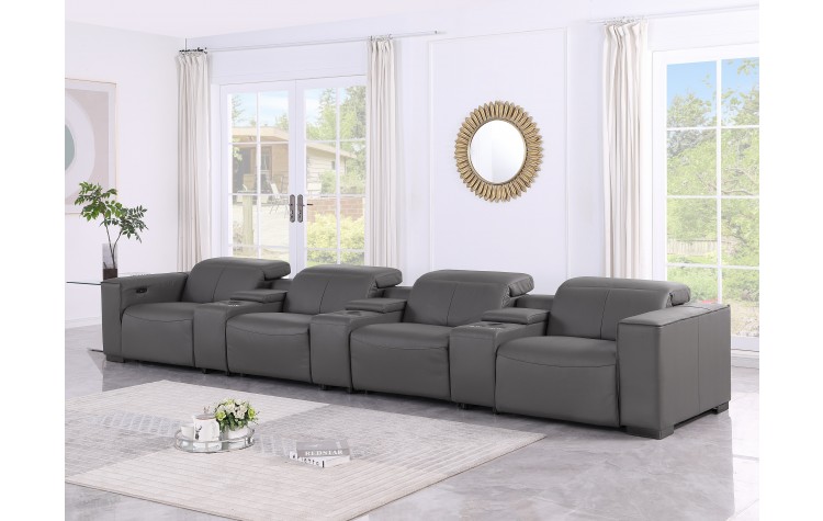 1208 Dark Grey 7-Piece Genuine Leather Power Reclining Sofa with 5 Recliners and Power Headrests