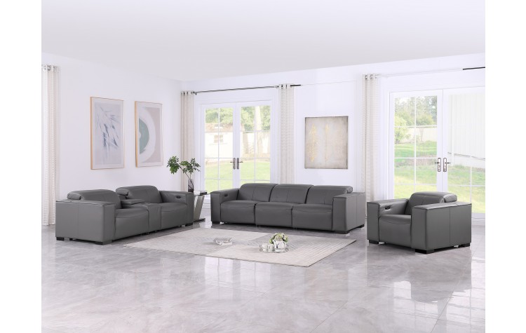 1208 Dark Grey 7-Piece Modular Power Reclining Sofa, Loveseat, and Chair Set – 5 Recliners, Genuine Leather with Power Headrests