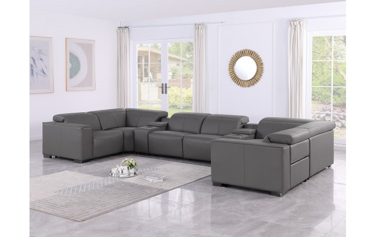 1208 Dark Grey 8-Piece 2-Power Reclining Genuine Leather U-Sectional with Power Headrests