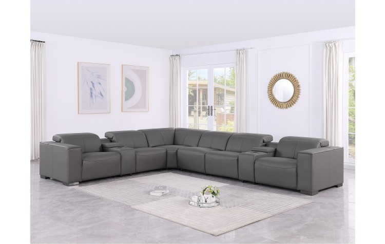 1208 Dark Grey Genuine Leather 8-Piece Sectional with 3 Power Reclining Seats & Power Headrest