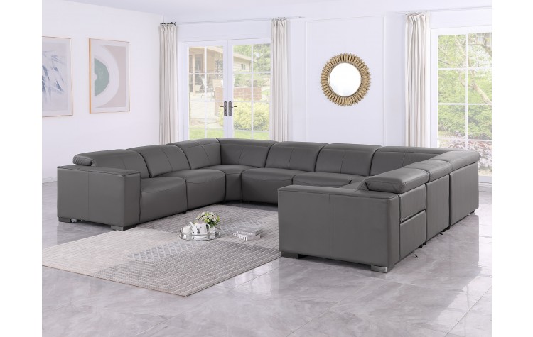 1208 Dark Grey 8-Piece U-Sectional in Genuine Leather with 2 Power Recliners with Power Headrests (No Consoles)