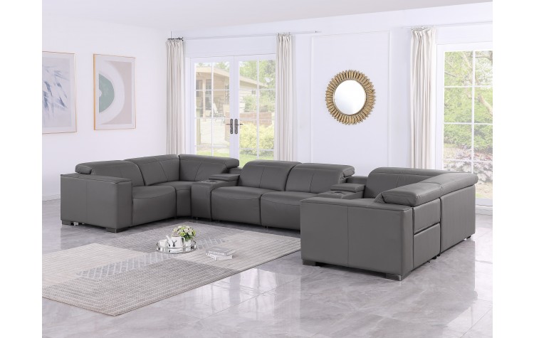 1208 Dark Grey 8-Piece 4-Power Reclining Genuine Leather U-Sectional with Power Headrests