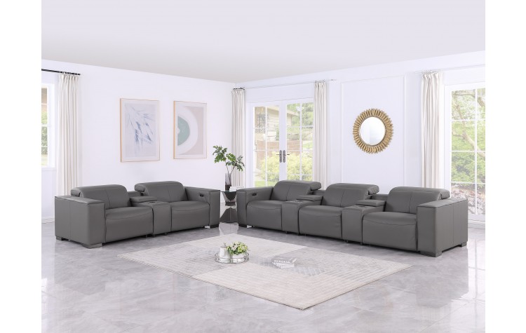 1208 Dark Grey 8-Piece Modular Power Reclining Sofa and Console Loveseat Set – Genuine Leather with Power Headrests