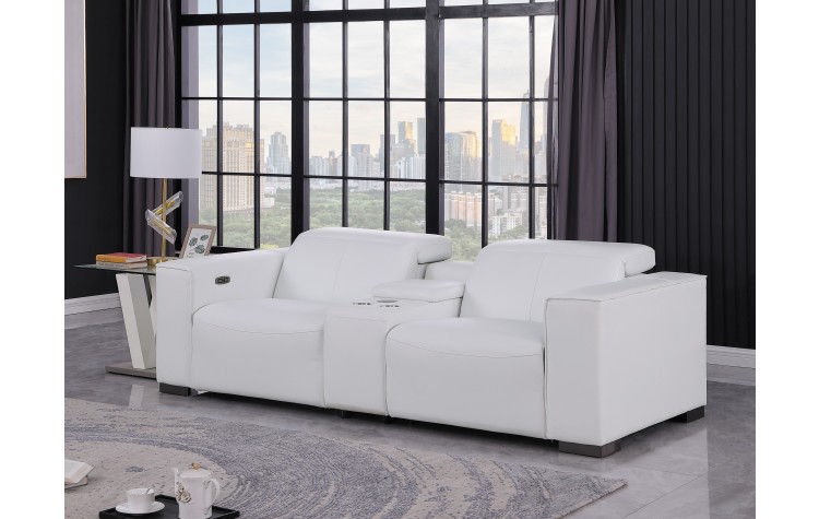 1208 White Power Reclining Console Loveseat with Power Headrests in Genuine Leather