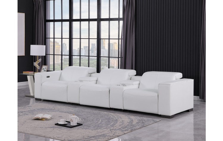 1208 White 5-Piece Genuine Leather Power Reclining Sofa – 3 Recliners and Power Headrests