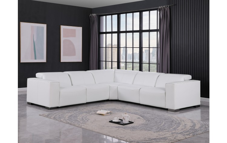 1208 White Genuine Leather 5-Piece Sectional with 3 Power Reclining Seats & Power Headrest