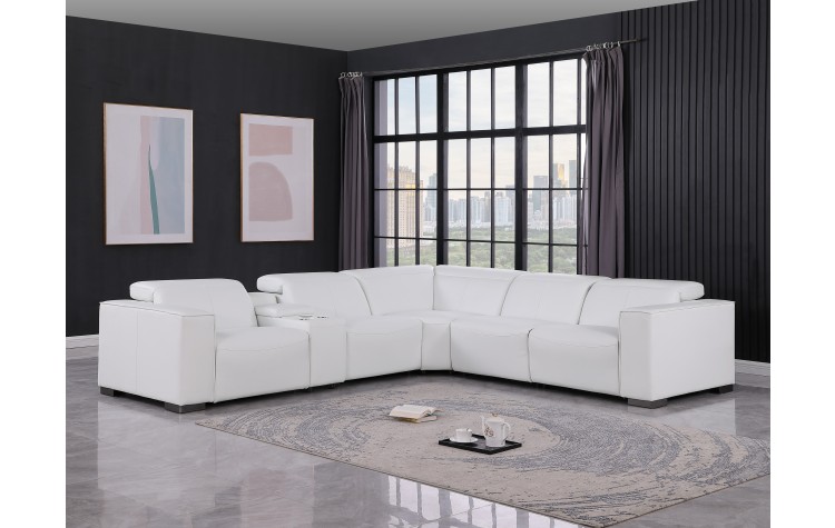 1208 White Genuine Leather 6-Piece Sectional with 3 Power Reclining Seats & Power Headrest