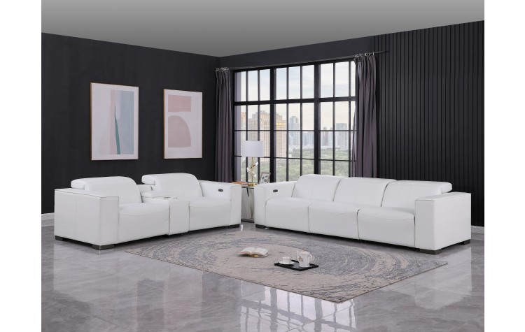 1208 White Modular Power Reclining Sofa and Console Loveseat Set in Genuine Leather with Power Headrests