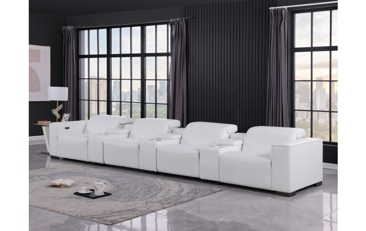 1208 White 7-Piece Genuine Leather Power Reclining Sofa with 5 Recliners and Power Headrests