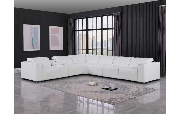 1208 White Genuine Leather 7-Piece Sectional with 4 Power Reclining Seats & Power Headrest
