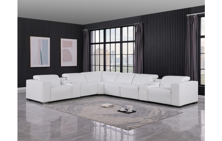 1208 White Genuine Leather 8-Piece Sectional with 4 Power Reclining Seats & Power Headrest