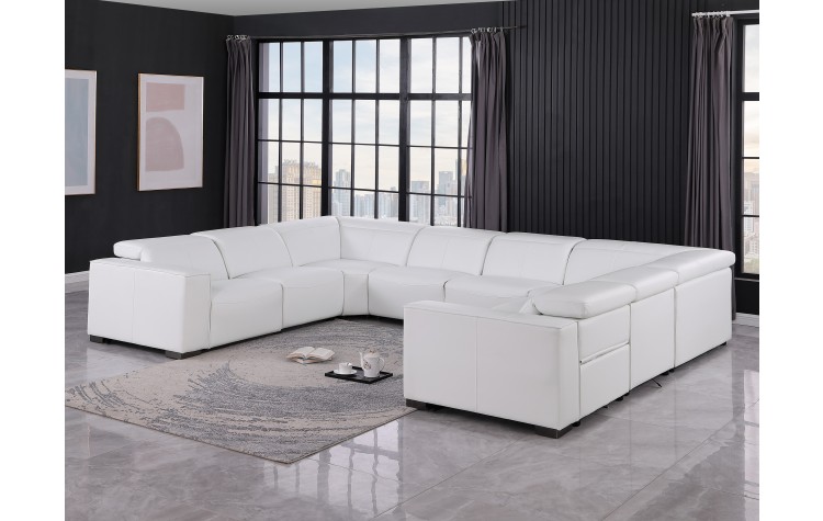 1208 White 8-Piece U-Sectional in Genuine Leather with 2 Power Recliners with Power Headrests (No Consoles)