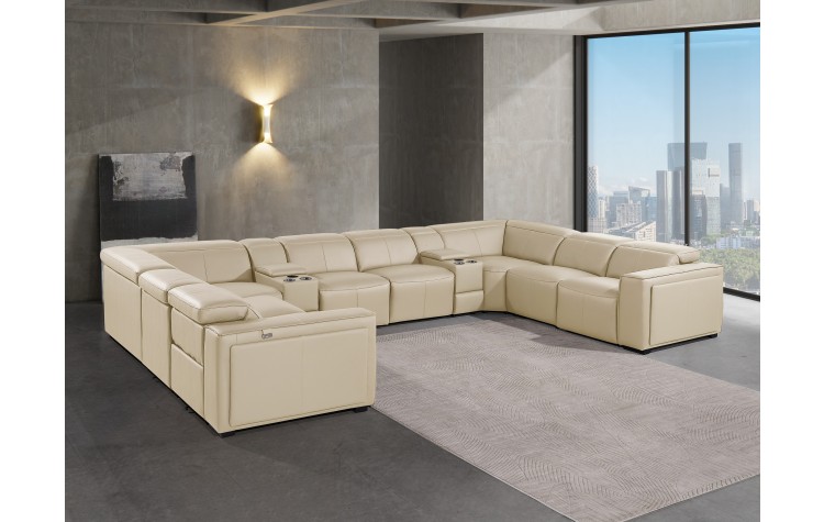 1224 - DivanItalia Beige 10-Piece U-Shaped Modular Power Reclining Sectional with 4 Power Recliners and Power Headrests - Top Grain Italian Leather