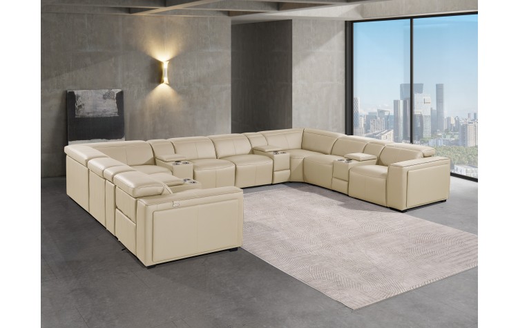 1224 - DivanItalia Beige 12-Piece U-Shaped Modular Power Reclining Sectional with 4 Power Recliners and Power Headrests - Top Grain Italian Leather