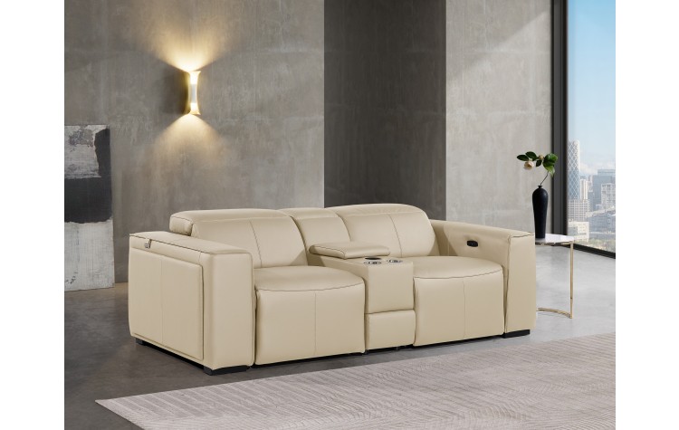 1224 - DivanItalia Beige Top Grain Italian Leather Console Loveseat with Power Headrest
