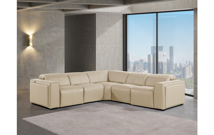 1224 - DivanItalia Beige 5-Piece L-Shaped Modular Power Reclining Sectional with Power Headrests - Top Grain Italian Leather
