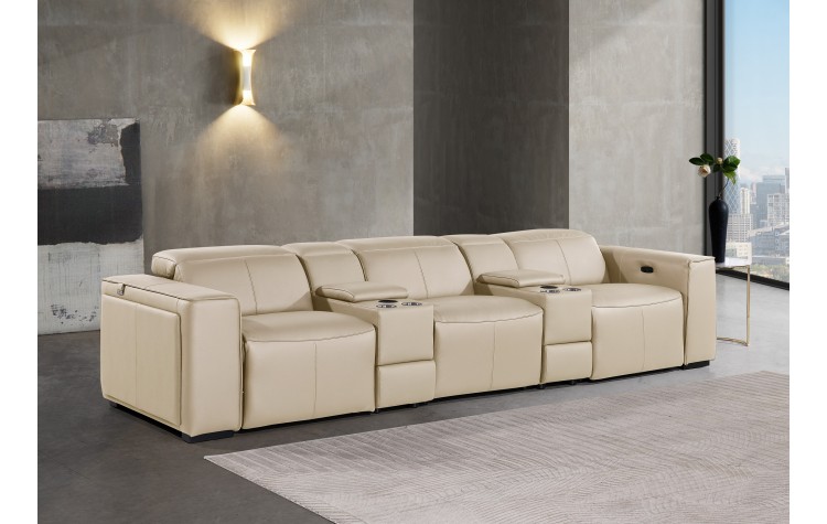 1224 - DivanItalia Beige Modular Power Triple Reclining Dual Console Sofa with Power Reclining Headrests - Top Grain Italian Leather