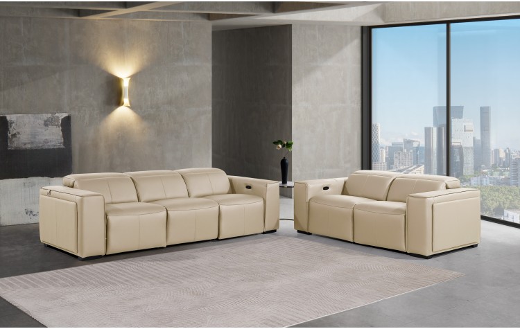 1224 - DivanItalia Beige Modular Power Dual Reclining Sofa and Loveseat Set with Power Headrests - Top Grain Italian Leather