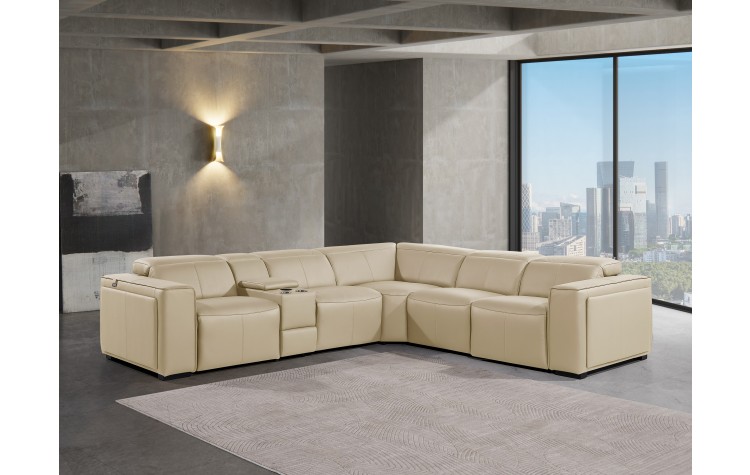 1224 - DivanItalia Beige 6-Piece L-Shaped Modular Power Reclining Sectional with 3 Power Recliners and Power Headrests - Top Grain Italian Leather