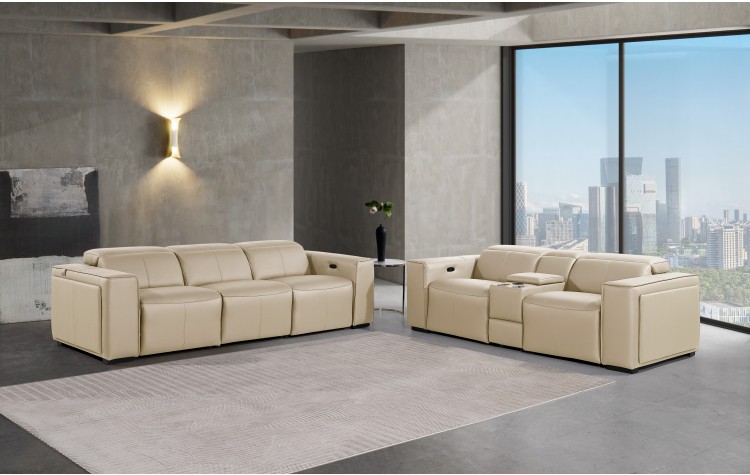 1224 - DivanItalia Beige Modular Power Triple Reclining Sofa and Console Loveseat Set with Power Headrests - Top Grain Italian Leather