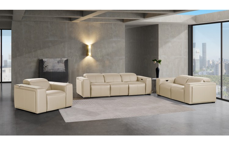 1224 - DivanItalia Beige Modular Power Dual Reclining Sofa, Loveseat, and Chair Set with Power Headrests - Top Grain Italian Leather