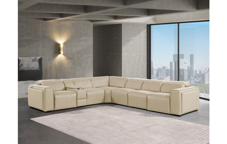 1224 - DivanItalia Beige 7-Piece L-Shaped Modular Power Reclining Sectional with 3 Power Recliners and Power Headrests - Top Grain Italian Leather