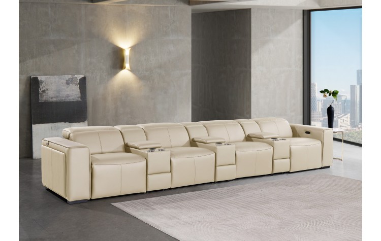 1224 - DivanItalia Beige Modular Power Triple Reclining Triple Console Sofa with Power Reclining Headrests - Top Grain Italian Leather