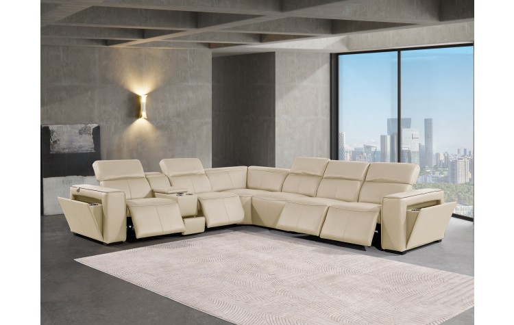 1224 - DivanItalia Beige 7-Piece L-Shaped Modular Power Reclining Sectional with 4 Power Recliners and Power Headrests - Top Grain Italian Leather