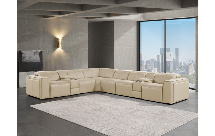 1224 - DivanItalia Beige 8-Piece L-Shaped Modular Power Reclining Sectional with 4 Power Recliners and Power Headrests - Top Grain Italian Leather
