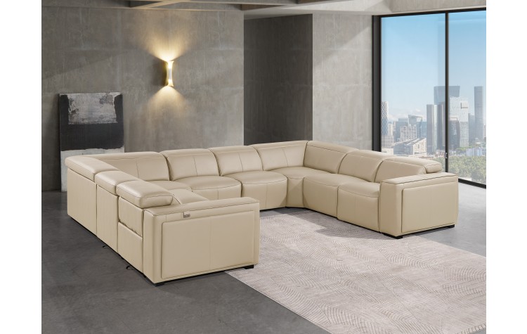 1224 - DivanItalia Beige 8-Piece U-Shaped Modular Power Reclining Sectional with 4 Power Recliners and Power Headrests - Top Grain Italian Leather