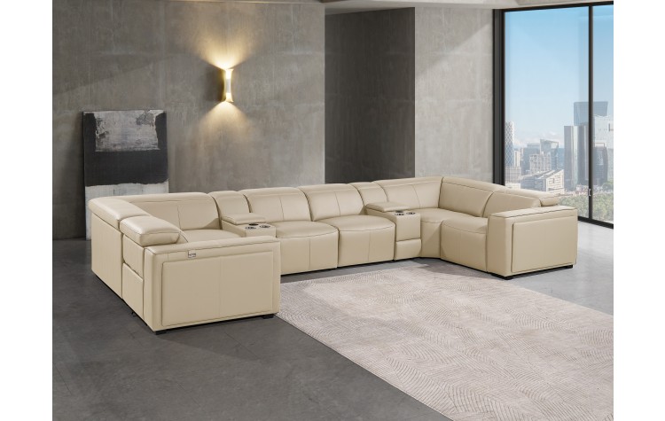 1224 - DivanItalia Beige 8-Piece U-Shaped Modular Power Reclining Sectional with 4 Power Recliners and Power Headrests - No Console - Top Grain Italian Leather