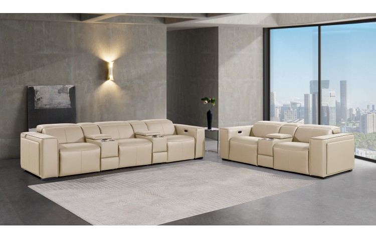 1224 - DivanItalia Beige Modular Power Reclining Dual Console Sofa and Console Loveseat Set with Power Headrests - Top Grain Italian Leather