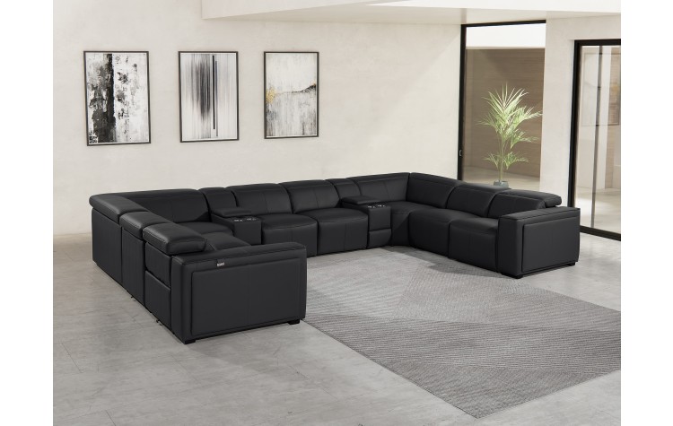 1224 - DivanItalia Black 10-Piece U-Shaped Modular Power Reclining Sectional with 4 Power Recliners and Power Headrests - Top Grain Italian Leather