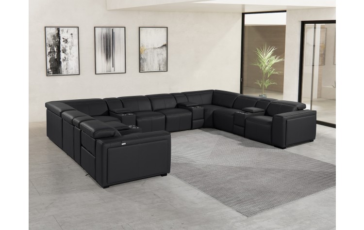 1224 - DivanItalia Black 12-Piece U-Shaped Modular Power Reclining Sectional with 4 Power Recliners and Power Headrests - Top Grain Italian Leather