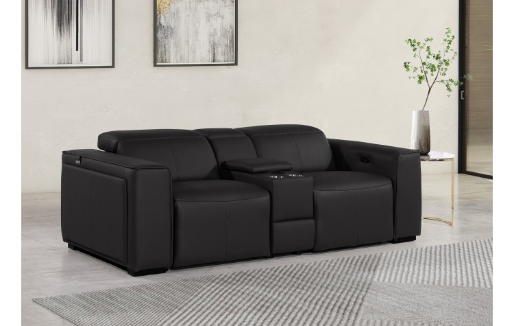 1224 - DivanItalia Black Top Grain Italian Leather Console Loveseat with Power Headrest