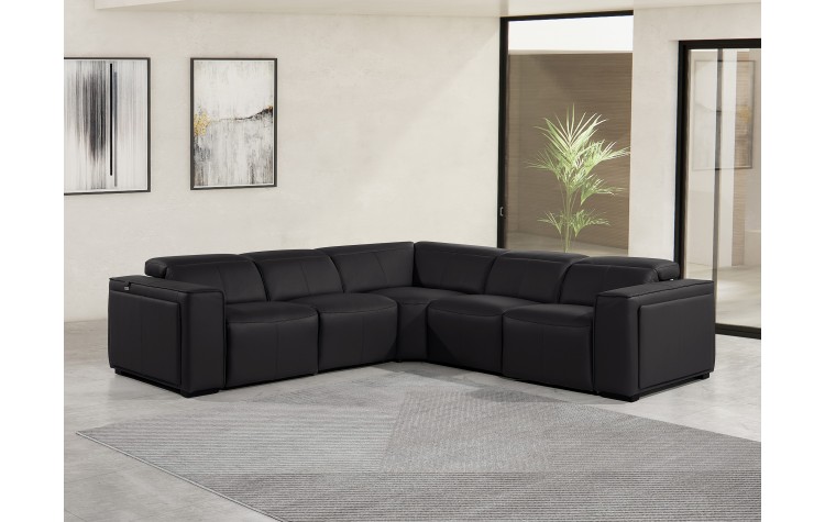 1224 - DivanItalia Black 5-Piece L-Shaped Modular Power Reclining Sectional with Power Headrests - Top Grain Italian Leather
