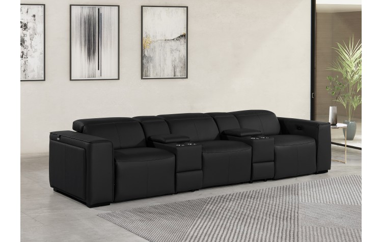 1224 - DivanItalia Black Modular Power Triple Reclining Dual Console Sofa with Power Reclining Headrests - Top Grain Italian Leather
