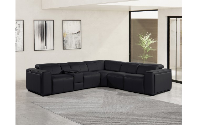 1224 - DivanItalia Black 6-Piece L-Shaped Modular Power Reclining Sectional with 3 Power Recliners and Power Headrests - Top Grain Italian Leather