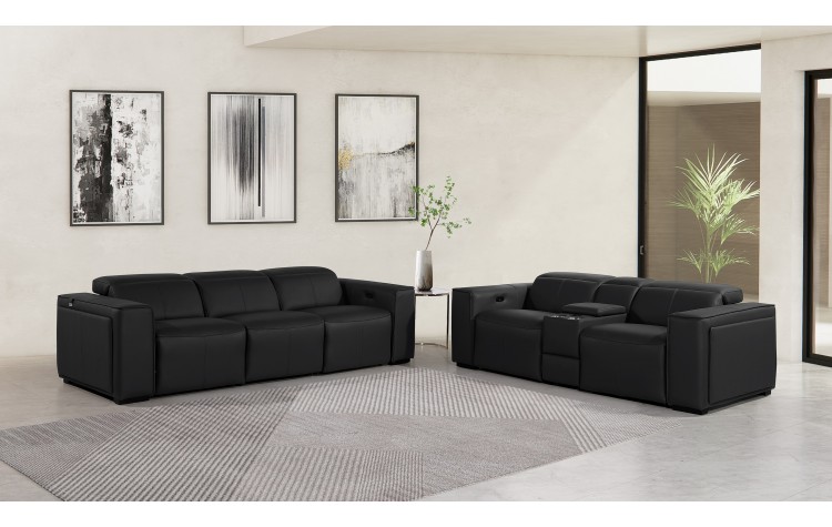 1224 - DivanItalia Black Modular Power Triple Reclining Sofa and Console Loveseat Set with Power Headrests - Top Grain Italian Leather