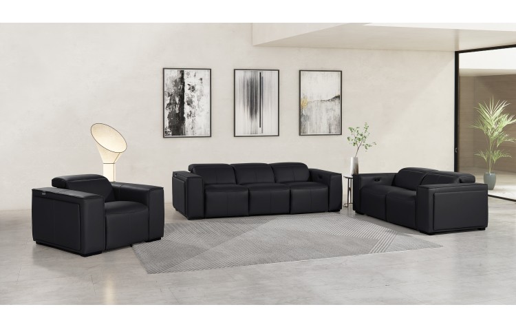 1224 - DivanItalia Black Modular Power Dual Reclining Sofa, Loveseat, and Chair Set with Power Headrests - Top Grain Italian Leather