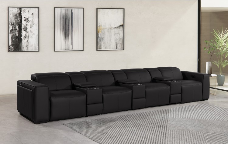 1224 - DivanItalia Black Modular Power Triple Reclining Triple Console Sofa with Power Reclining Headrests - Top Grain Italian Leather