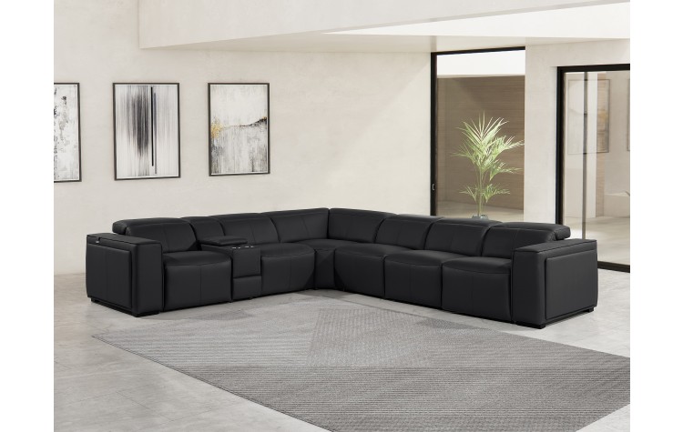 1224 - DivanItalia Black 7-Piece L-Shaped Modular Power Reclining Sectional with 4 Power Recliners and Power Headrests - Top Grain Italian Leather
